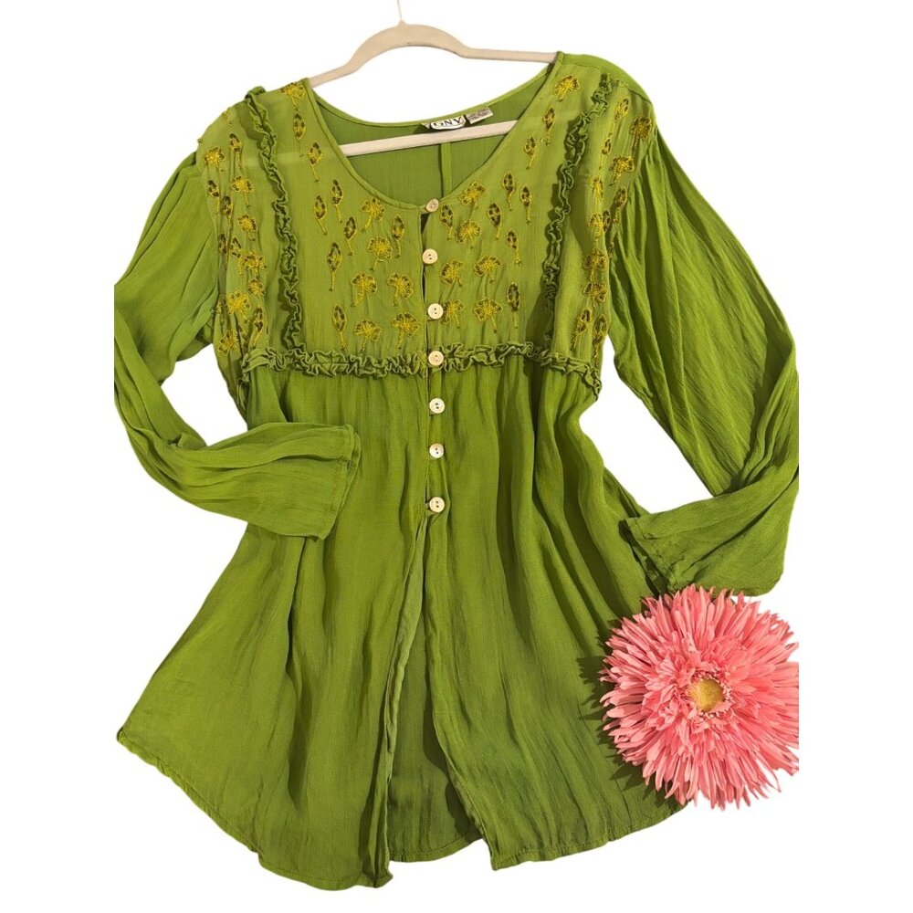Vintage Boho Chic Green Embroidered Button-Down Tunic Top By CGNY Long Sleeve